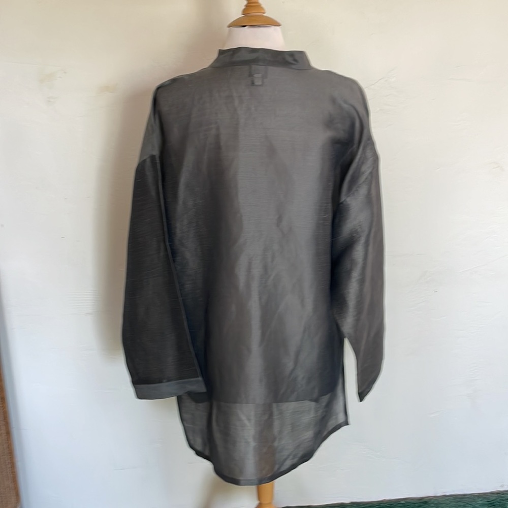 Eileen Fisher Kimono Style Linen Silk Blend Silver Gray Sheer Open Front Jacket - Picture 4 of 11